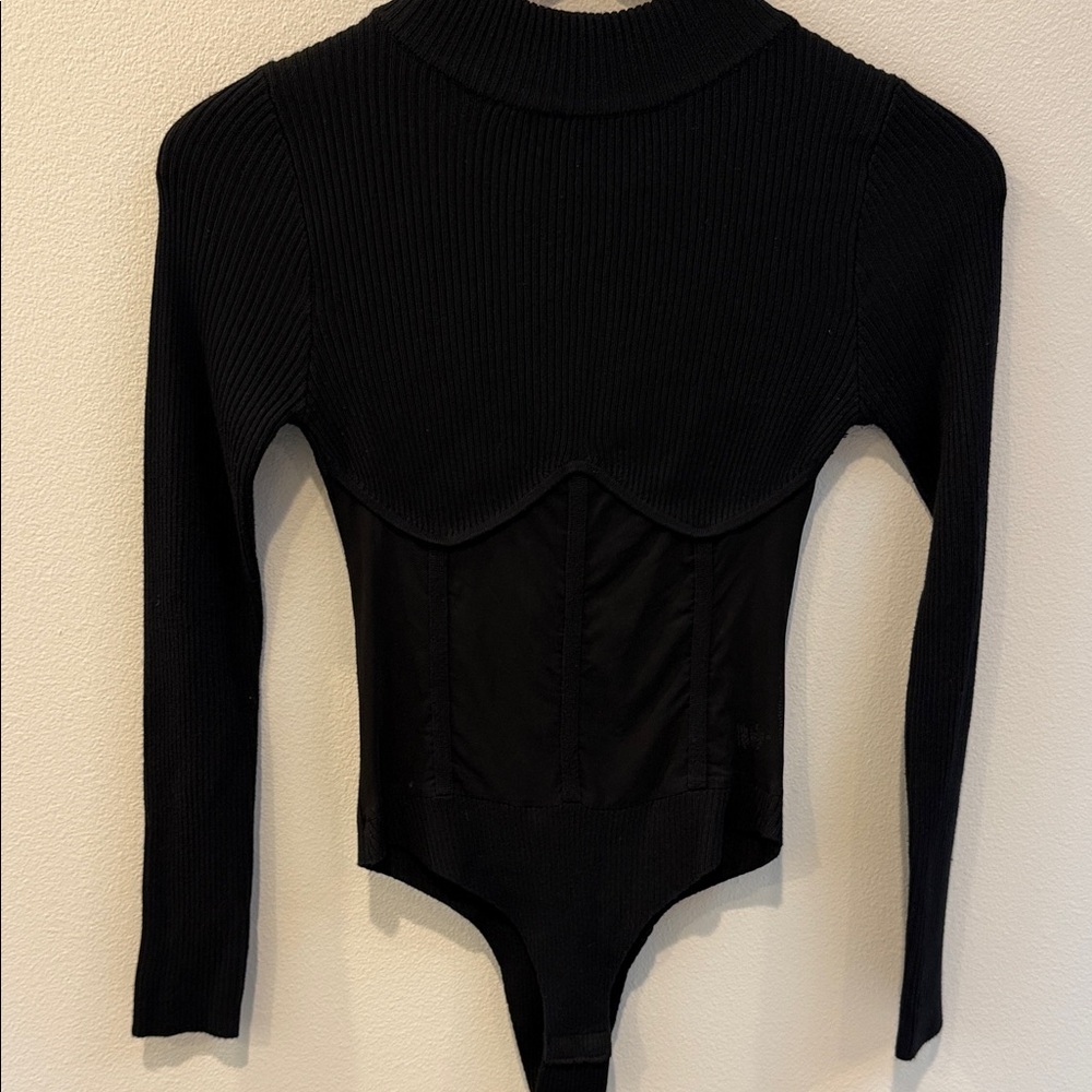 Say What? Black Ribbed Corset Bodysuit